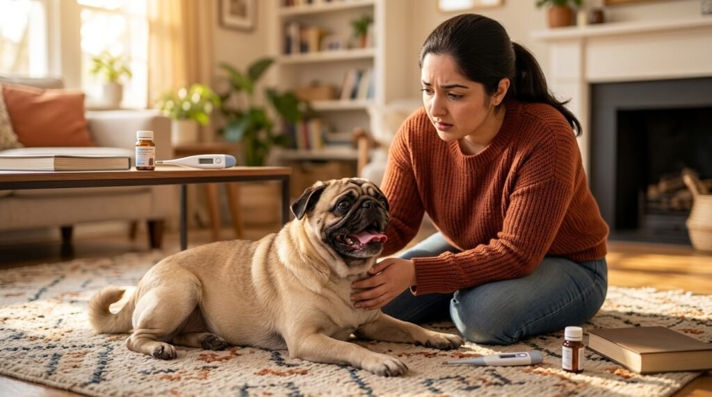 An attentive female owner comforting an anxious dog showing signs of discomfort.