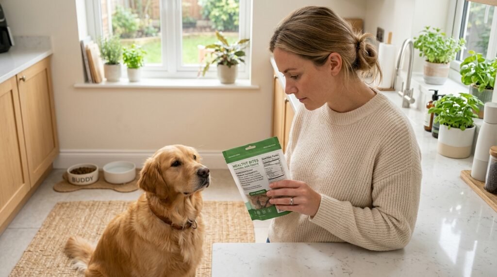 Dog owner checking a food ingredient label before giving a treat to a dog