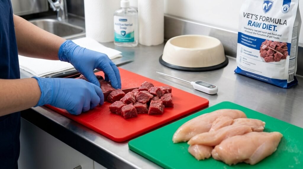 Raw meat food safety concerns for dogs including bacterial contamination.