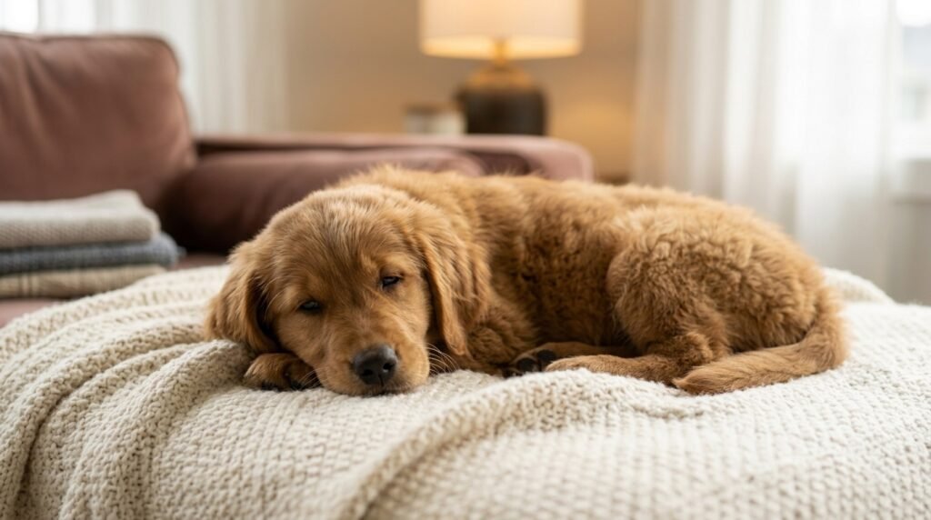Young puppy experiencing normal puppy hiccups while resting