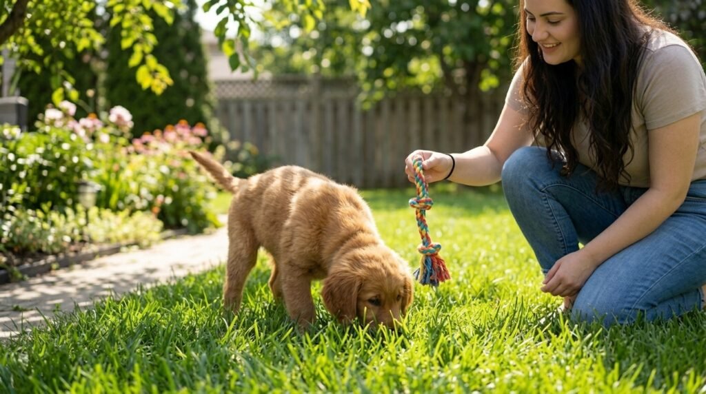 Curious puppy exploring outdoors and learning appropriate behavior