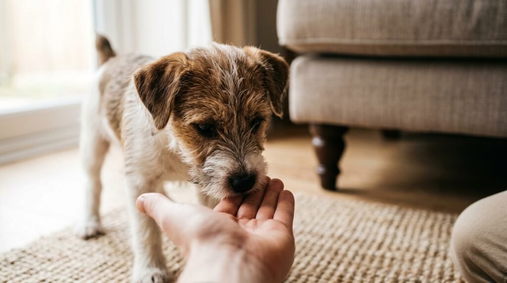 Puppy sniffing the hand of a stranger during a supervised socialization session