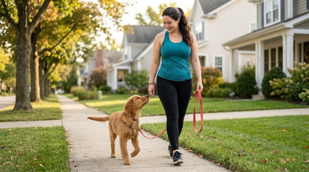 Puppy practicing leash walking with positive reinforcement