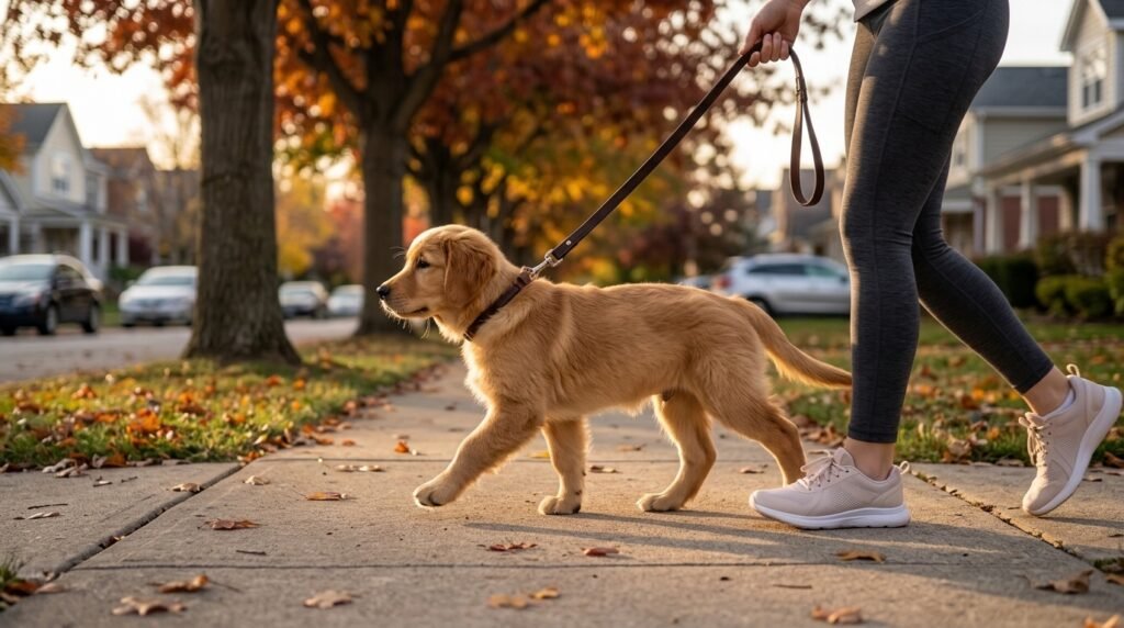 Puppy walking calmly on a leash beside its owner on a neighborhood sidewalk