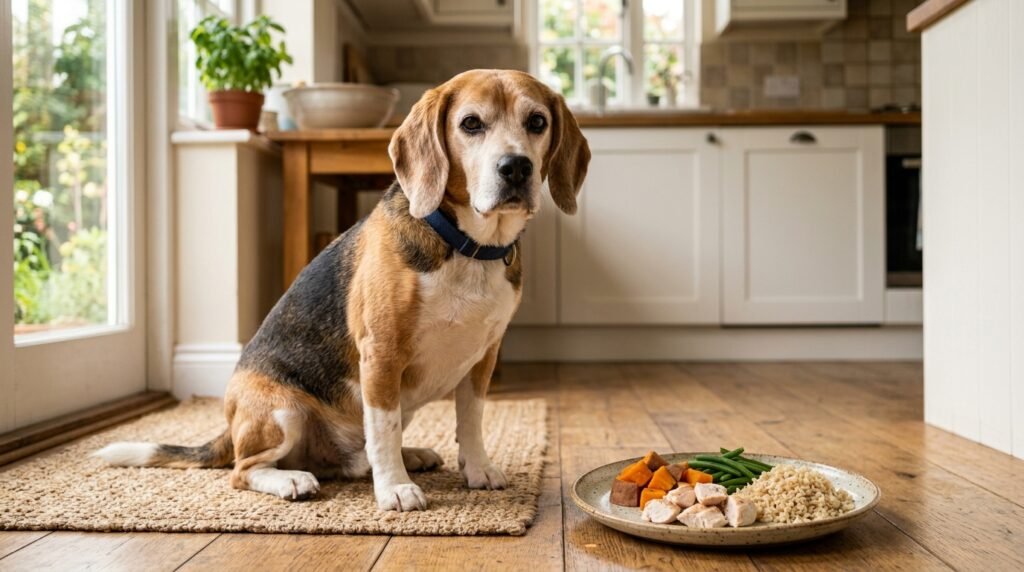 Senior dog enjoying a carefully prepared balanced meal