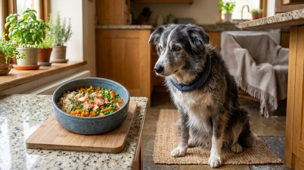 Healthy senior dog meal with fish-based omega-3 ingredients