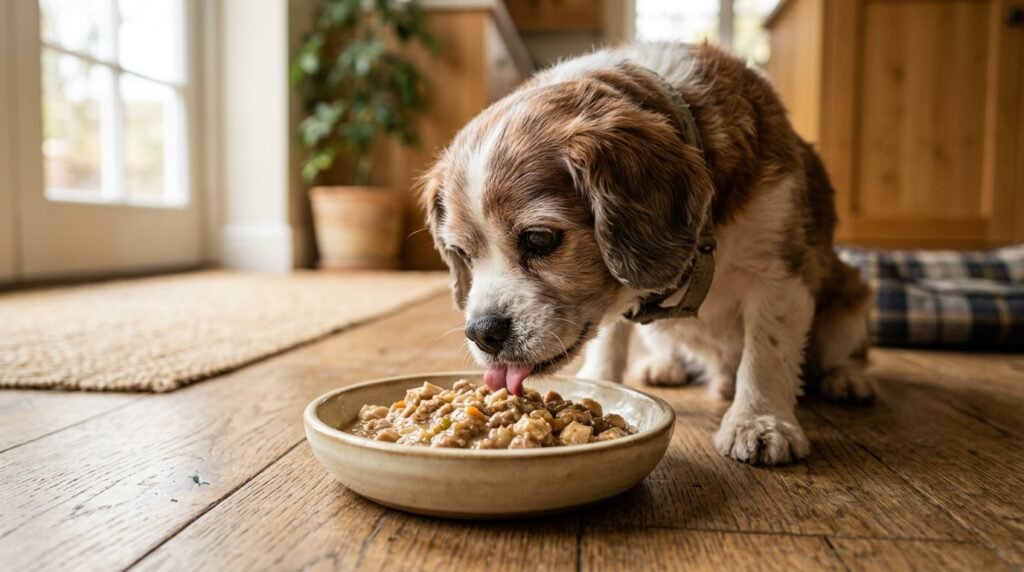 Senior dog eating soft wet food from a bowl