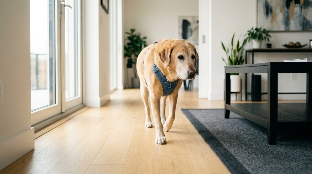 Senior dog walking comfortably through a high-contrast home environment