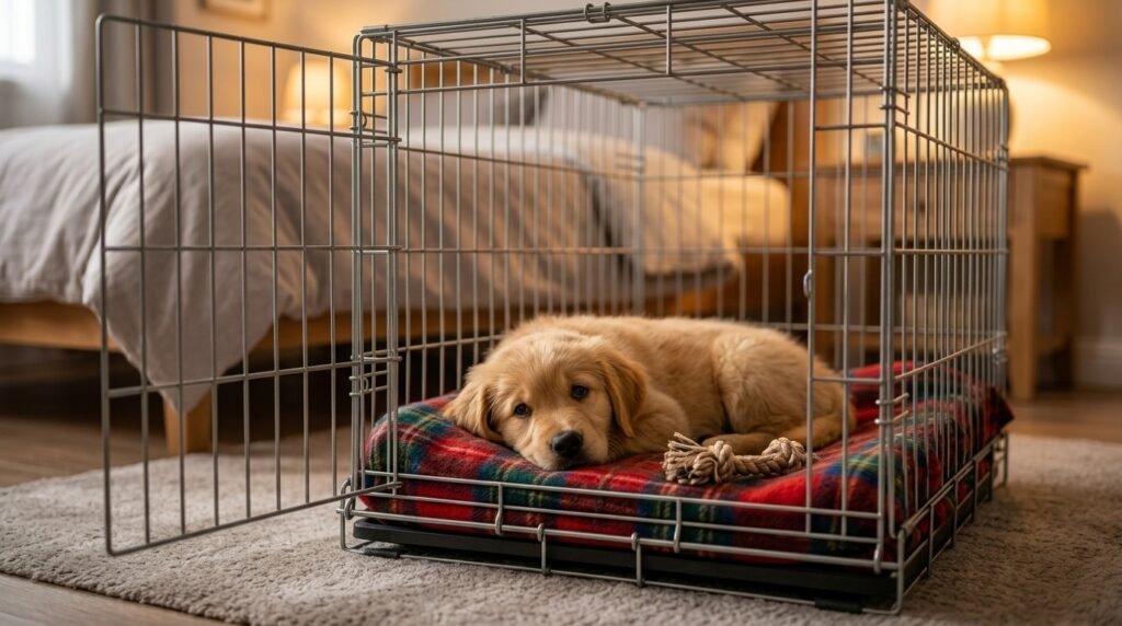 Puppy lying calmly inside an open crate with a blanket and chew toy