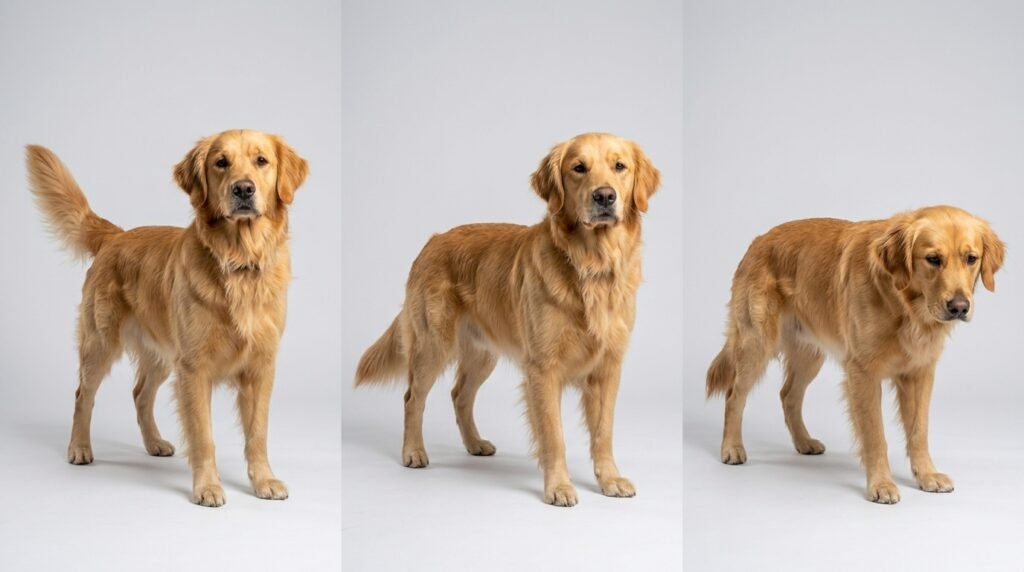 Side-by-side comparison of a dog's tail held high, neutral, and tucked low