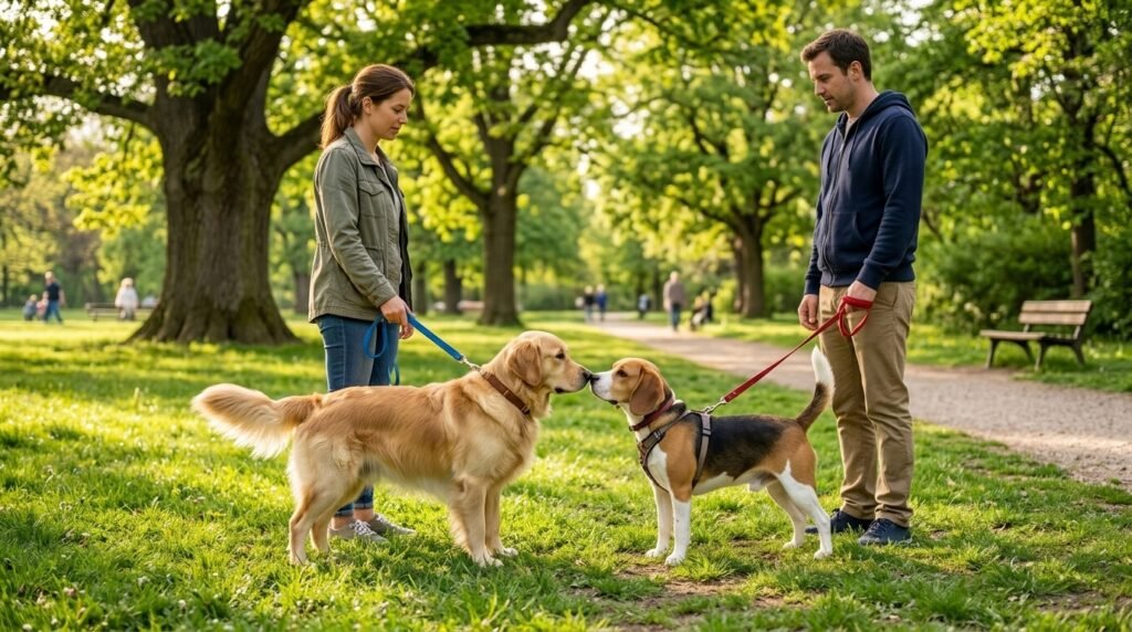 Dog owner slowly introducing their dog to another dog on a leash outdoors