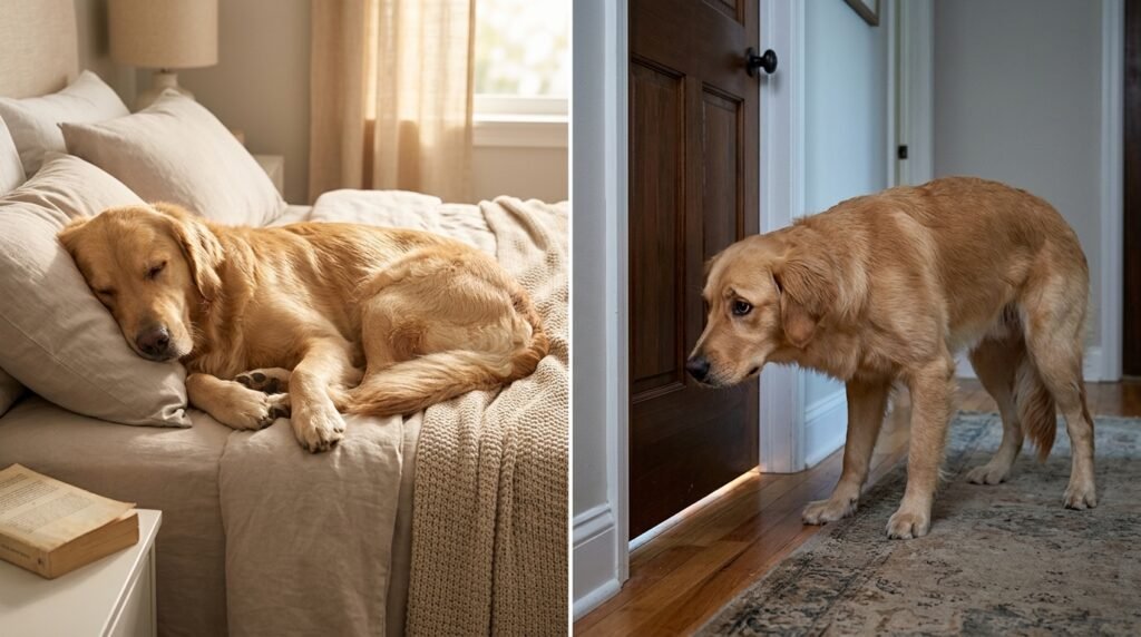 Relaxed independent dog compared with a dog showing anxious following behavior