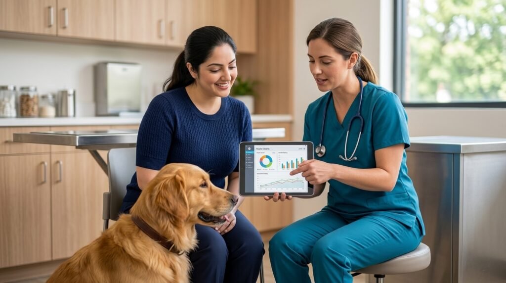 A veterinarian reviewing health notes with a female pet owner in a clinic.