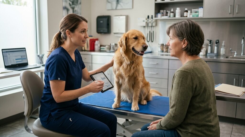 Veterinarian discussing a dog's health test results with its owner