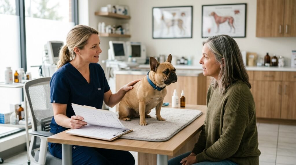 Healthy mother dog and breeder discussing reproductive health with a veterinarian
