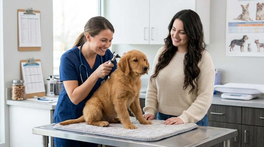 Veterinarian examining a dog with unusual eating behavior