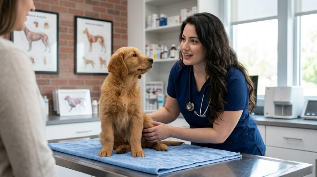 Veterinarian examining a dog for possible pain