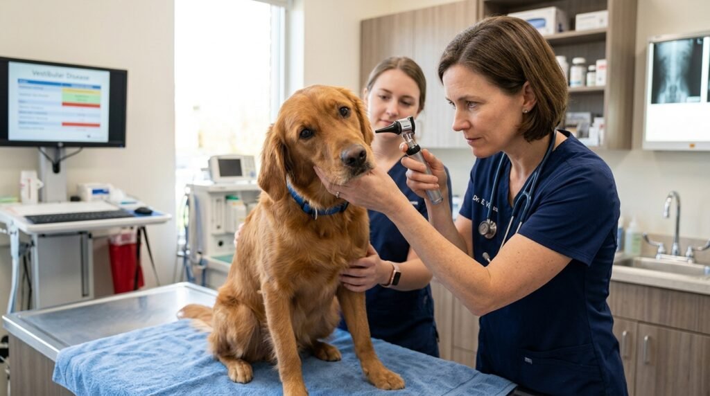 veterinarian examining dog with persistent head tilt