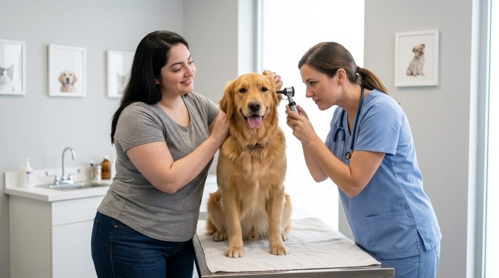 Veterinarian checking a dog for physical causes behind signs of a stressed dog