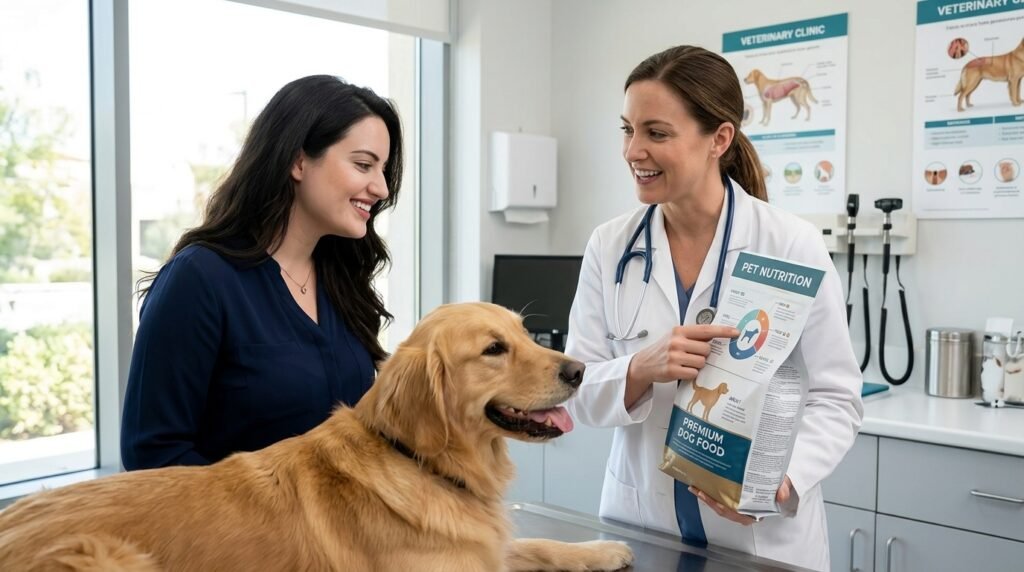 Veterinarian discussing a raw meat diet and nutrition with a dog owner.