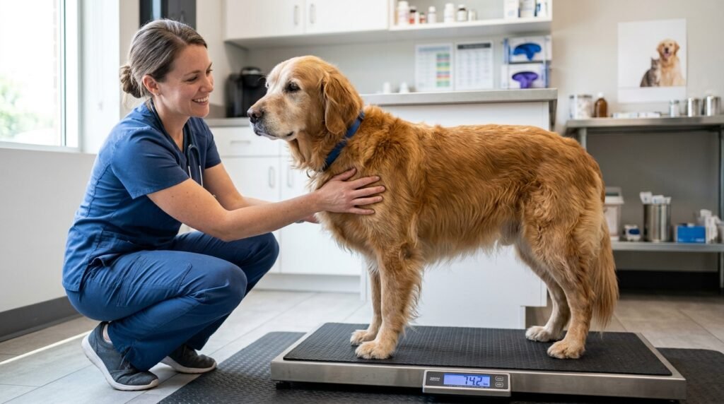 Veterinarian checking the body condition and weight of a senior dog