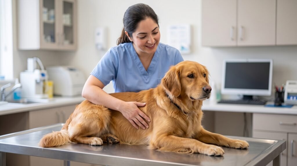 Veterinarian gently examining a calm dog during a routine checkup at an animal clinic