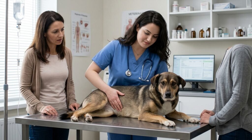 Veterinarian examining a dog after vomiting
