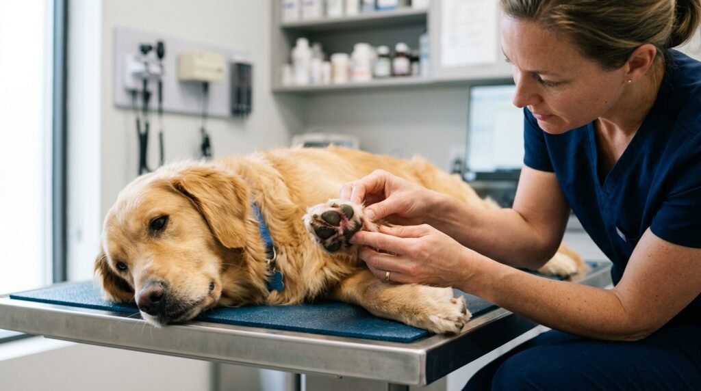 Veterinarian examining irritated skin on a dog's paw