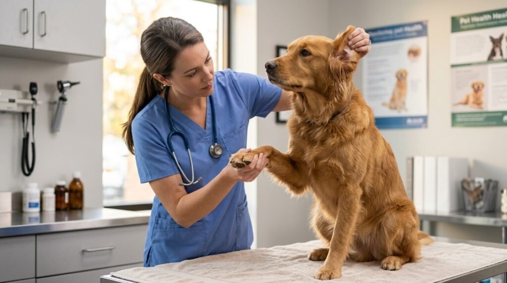 Veterinarian examining a dog for possible grass allergies