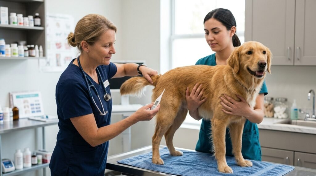 veterinarian checking a dog's temperature with a digital thermometer