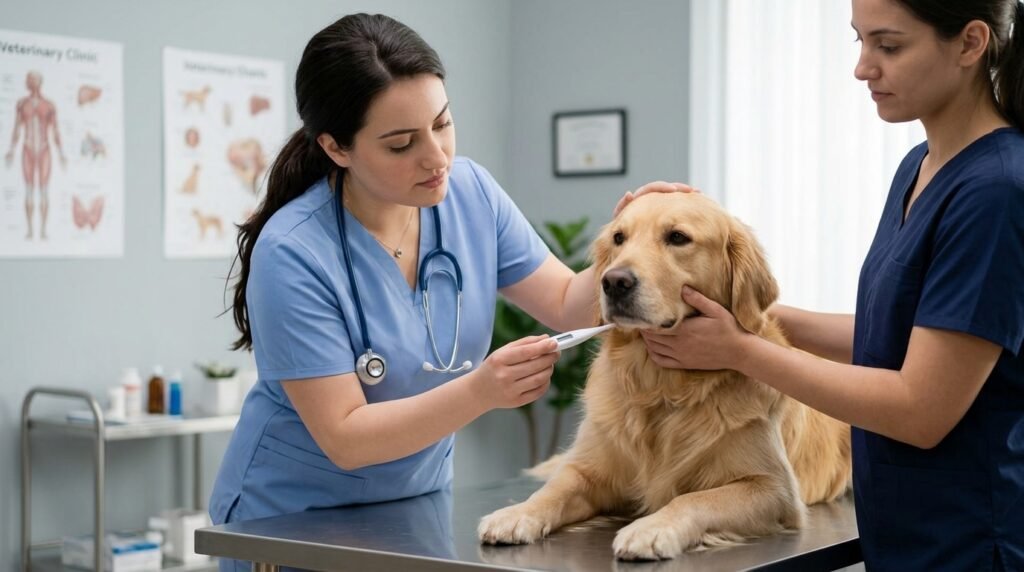 veterinarian examining a dog with possible fever symptoms