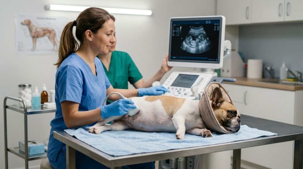 Dystocia in dogs involving a pregnant French Bulldog being monitored by a veterinarian
