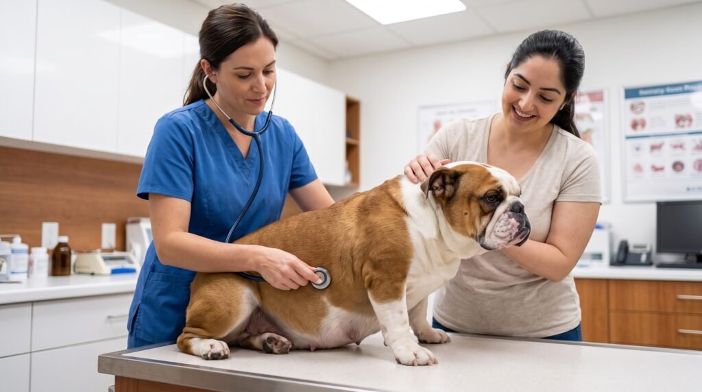 A veterinarian carefully examining an expectant dog to assess birth risks.