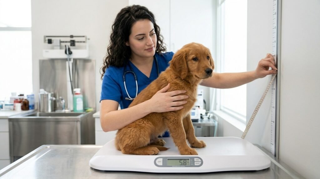 veterinarian measuring puppy growth and weight