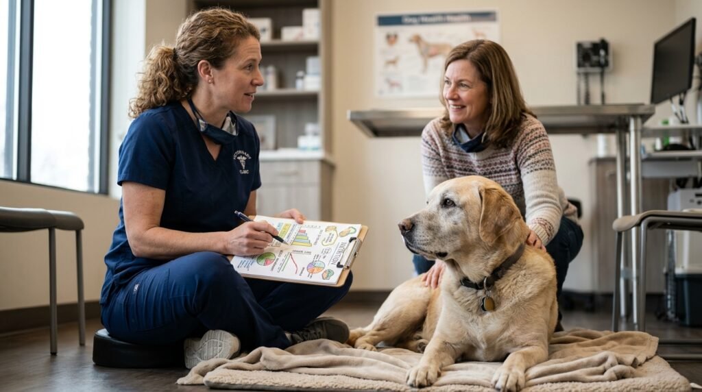 Veterinarian discussing a senior dog's diet with an owner