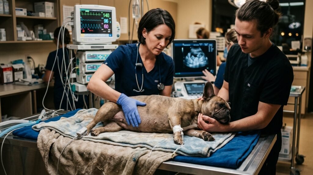 Veterinarian urgently evaluating a pregnant dog during difficult labor