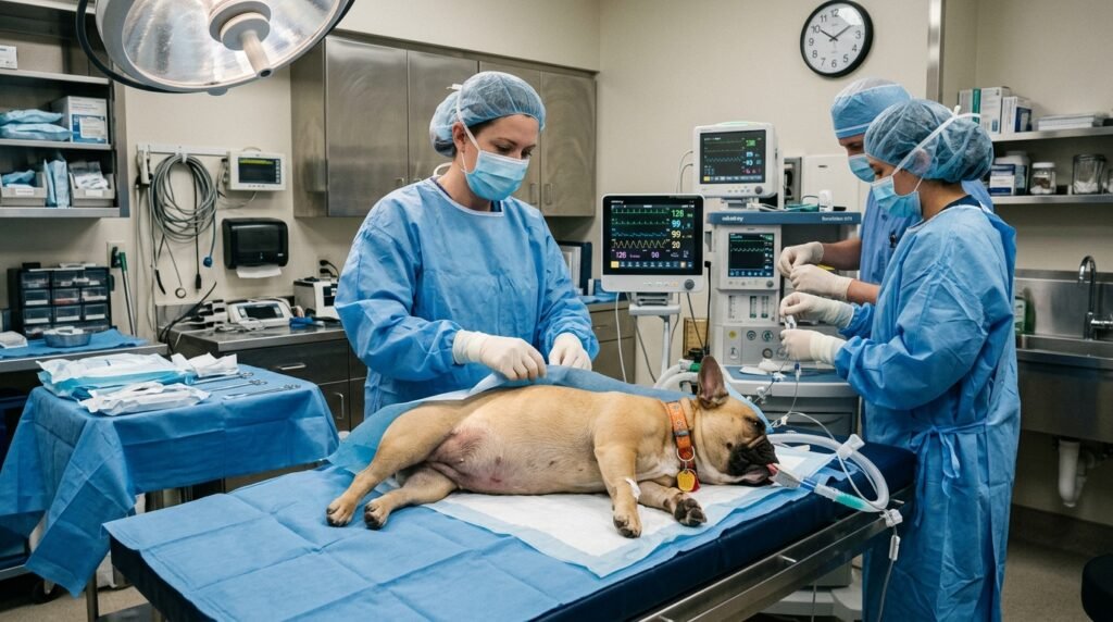 Veterinary team preparing a pregnant brachycephalic dog for planned cesarean delivery