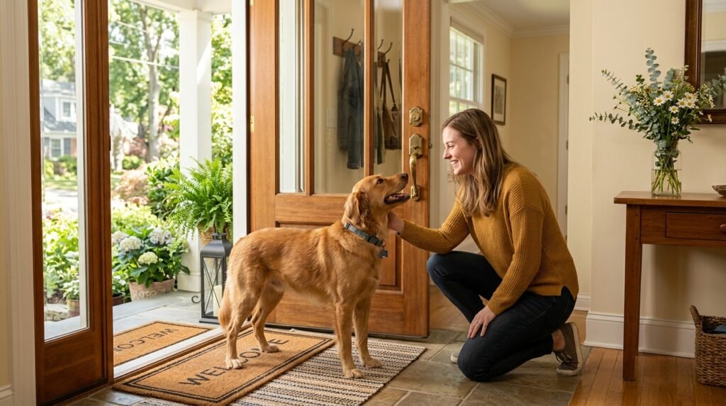 Dog standing calmly with all paws on the ground while greeting a visitor at the door