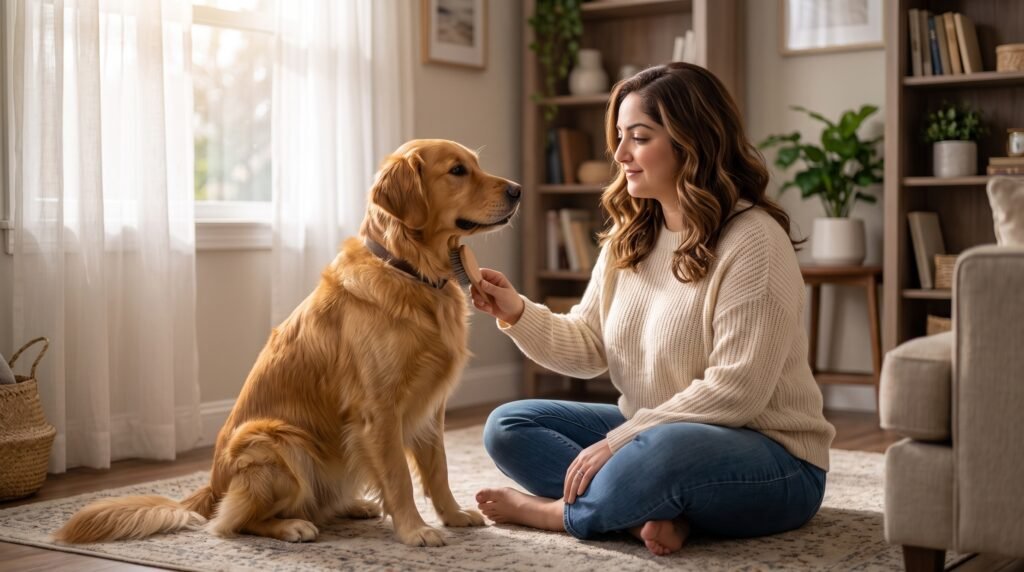 Woman and her dog sitting together calmly during a quiet daily routine, reinforcing long-term bonding