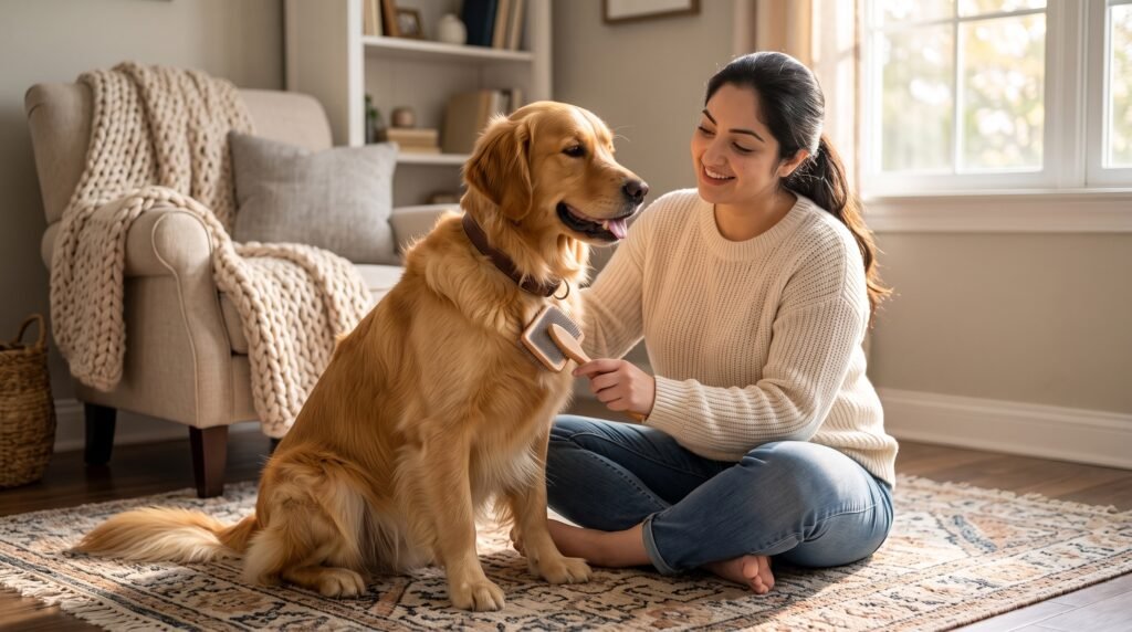 A young woman carefully brushing a fluffy border collie with a slicker brush on a wooden floor before bath time.