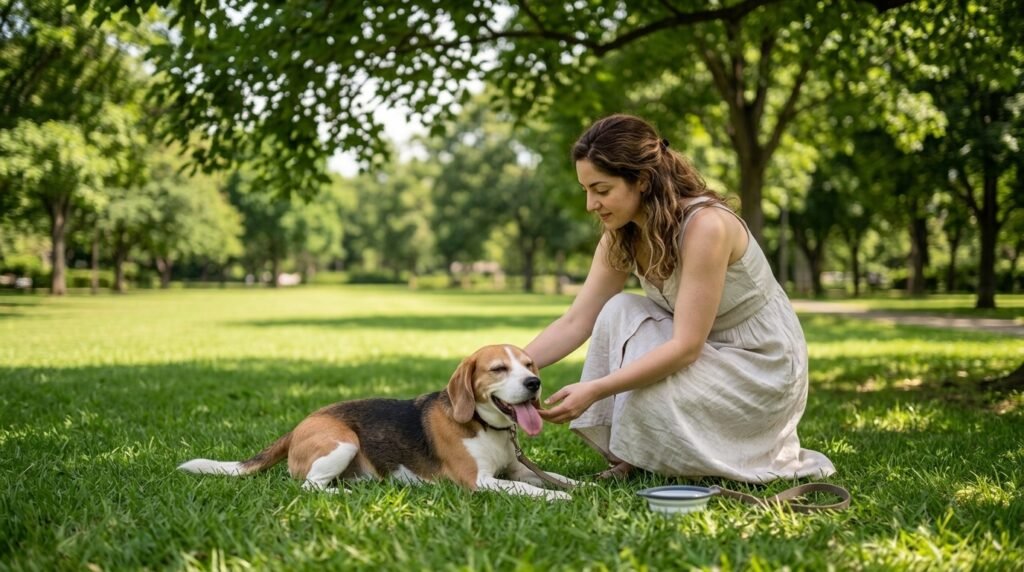 Woman kneeling next to a tired-looking beagle resting in the shade, checking on her dog during a hot summer walk