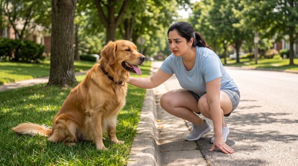 Dog owner checking hot pavement before walking a Golden Retriever in summer