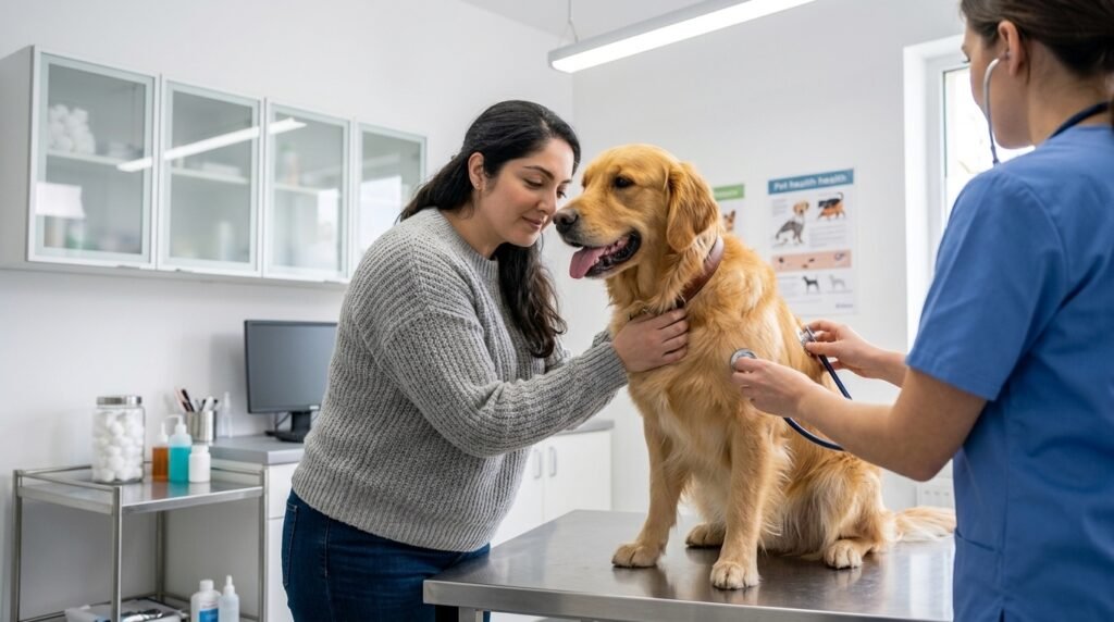 Woman and her dog at a veterinary checkup to rule out pain-related causes behind dog growl meaning