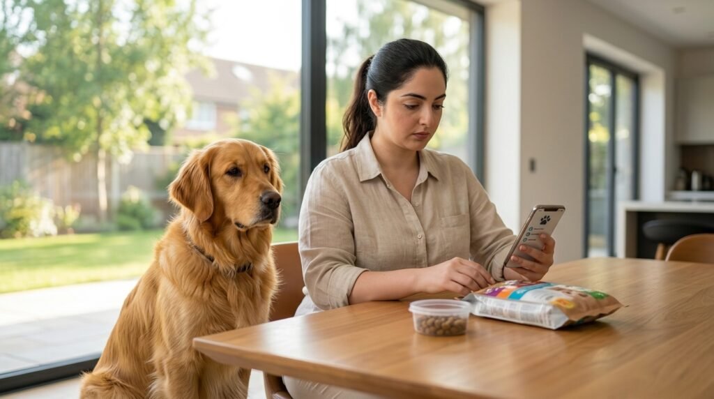 Dog owner preparing to contact a veterinarian after her dog may have eaten a dangerous food