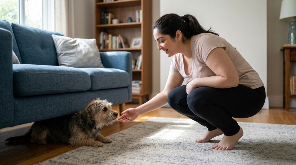 stressed dog hiding under furniture while owner checks on it