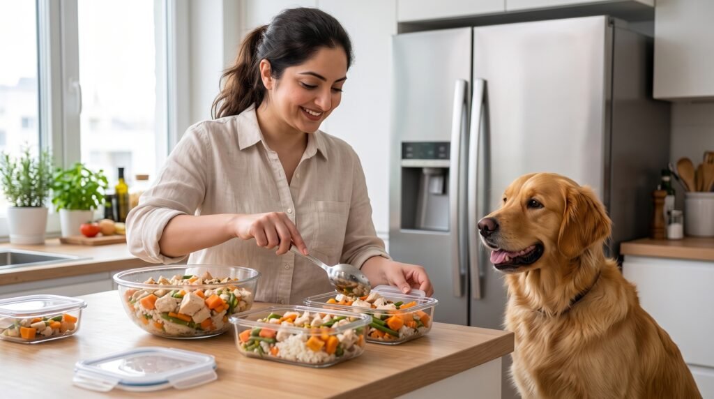 Dog owner storing homemade dog food in clean containers
