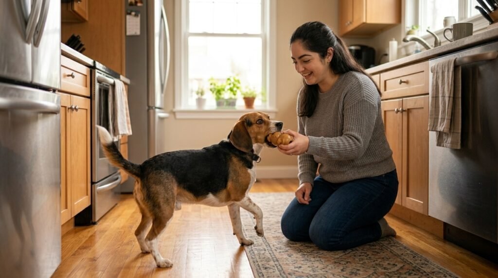 Owner using a food puzzle toy as a training strategy for separation anxiety in dogs