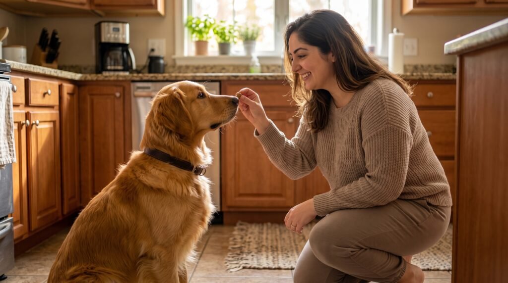 Woman rewarding her dog with a treat during training to reduce growling behavior over time