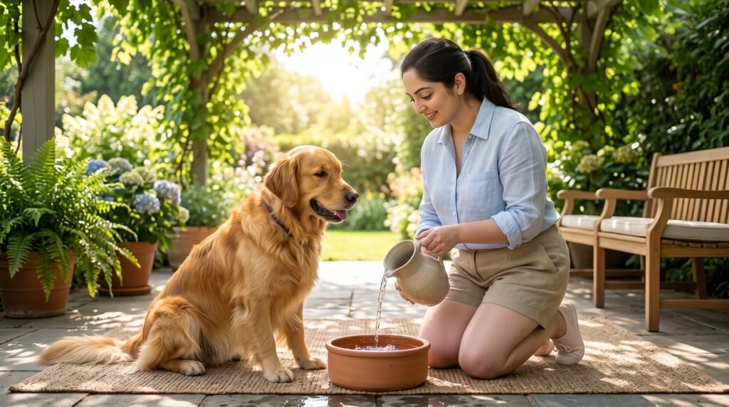 dog care in summer with a Golden Retriever drinking fresh water in shade