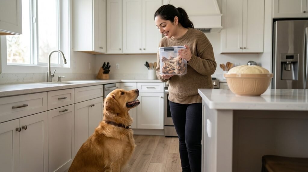 Dog owner keeping cooked bones and raw yeast dough away from a Golden Retriever